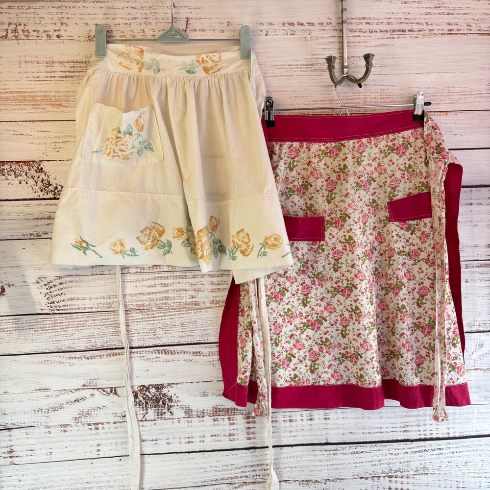 Vintage Floral Half Apron Set White Pink Cotton Cottagecore GrandmaCore